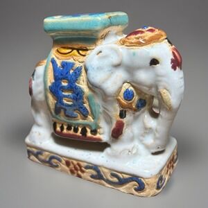 Vintage Elephant Plant Stand Multicolor Glazed Ceramic 3" Tall Asian